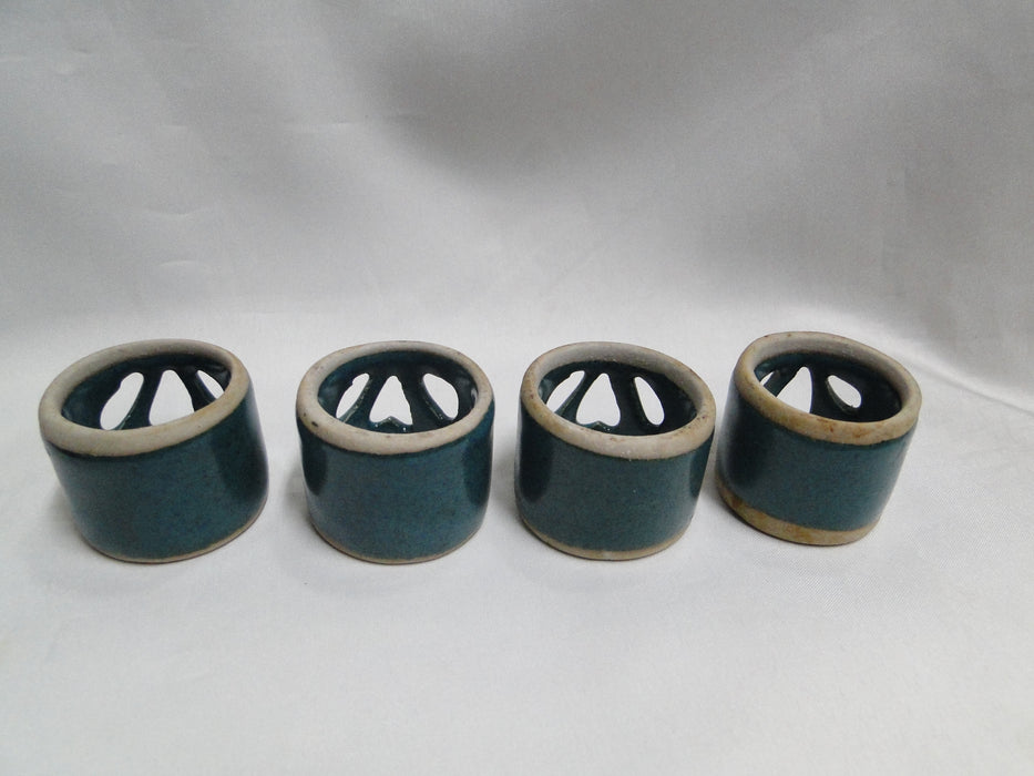 Walt Glass Pottery Teal: Set of Four Napkin Rings, Pierced, All Over Teal