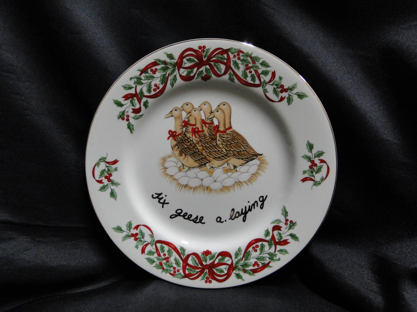 Centurion Ribbon Holly, Red Ribbon: "6 Geese A-Laying" Salad Plate, 7 1/2"