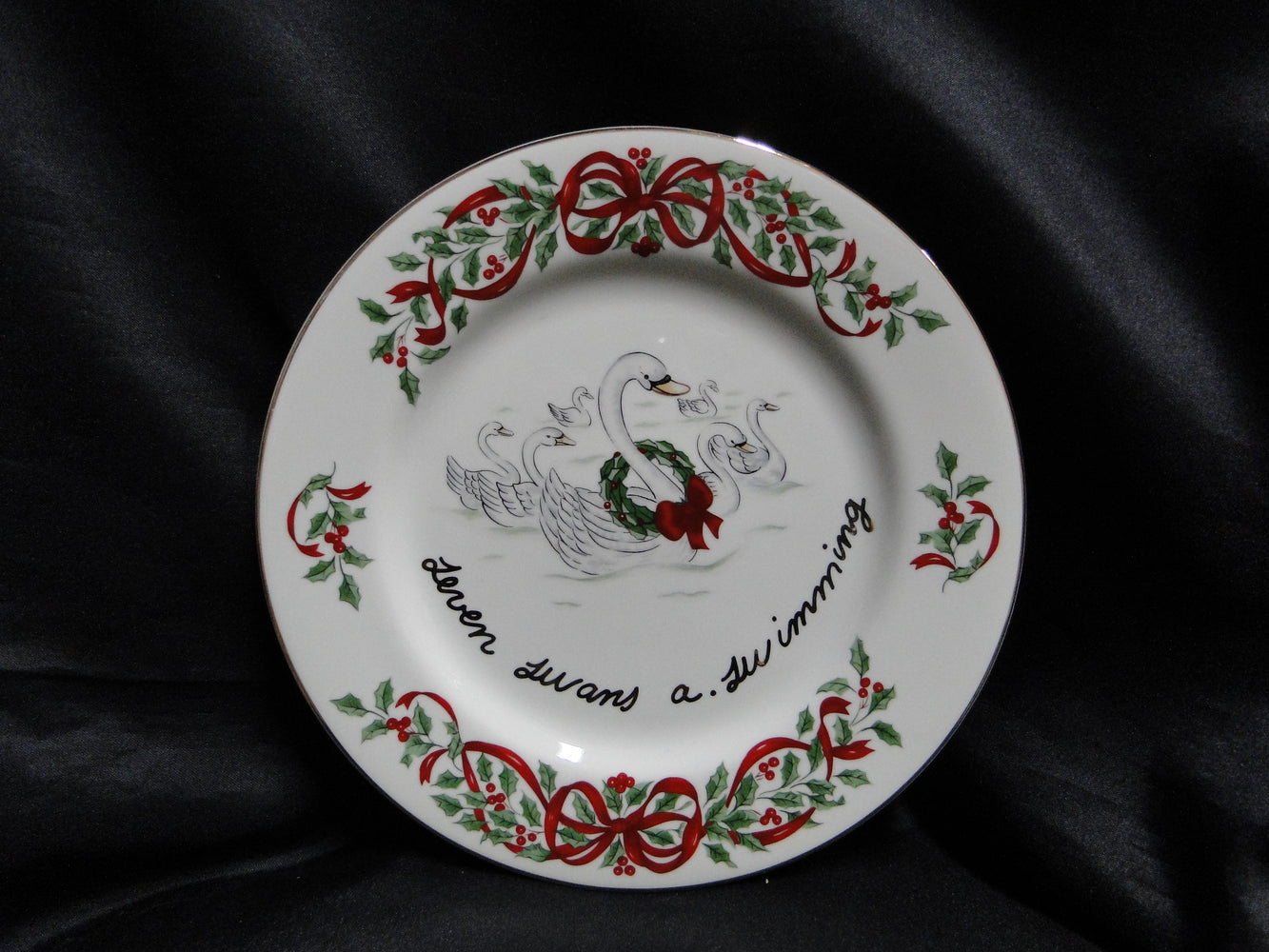 Centurion Ribbon Holly, Red Ribbon: "7 Swans A-Swimming" Salad Plate, 7 1/2"