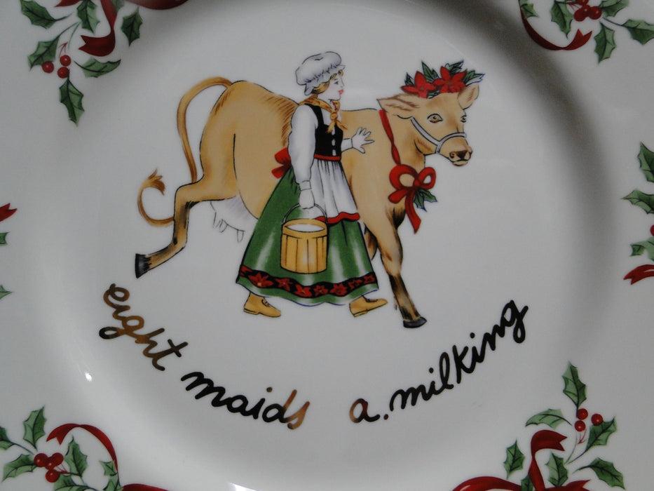 Centurion Ribbon Holly, Red Ribbon: "8 Maids A-Milking" Salad Plate, 7 1/2"