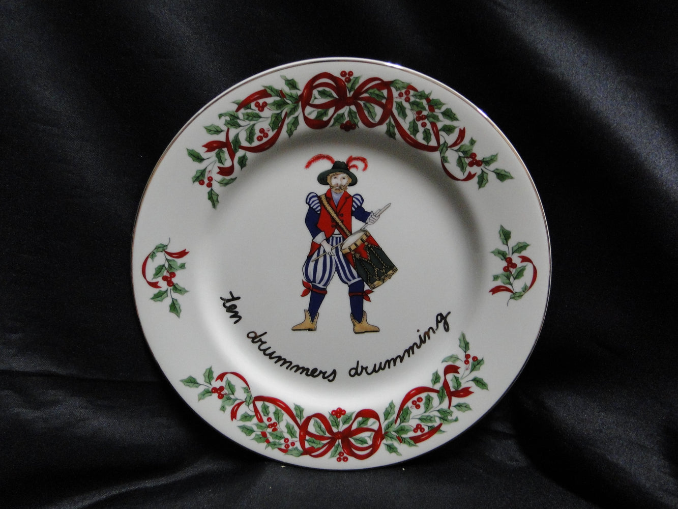 Centurion Ribbon Holly, Red Ribbon: "10 Drummers Drumming" Salad Plate, 7 1/2"