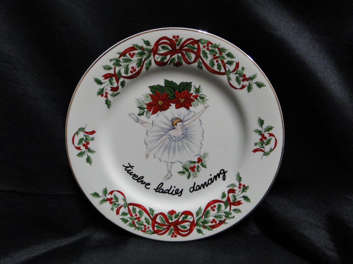 Centurion Ribbon Holly, Red Ribbon: "12 Ladies Dancing" Salad Plate, 7 1/2"