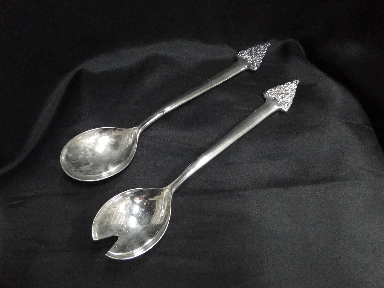 Silverplate Flatware w/ Christmas Tree Handle: Salad Serving Spoon & Fork, 11.5"