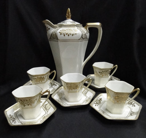 Noritake Raised Gold Florals on White: Chocolate Pot, 5 Cups, 5 Saucers