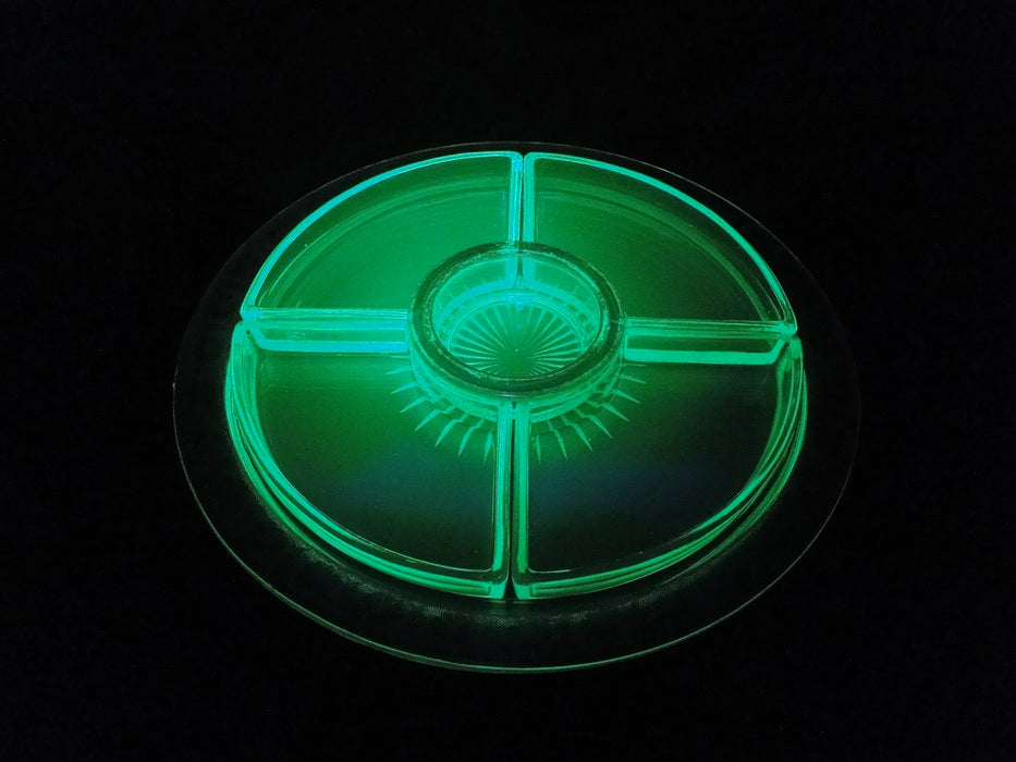 Vaseline Green Glass, Gold: 6 Piece Relish Dish Set, 13" Tray, MG#271