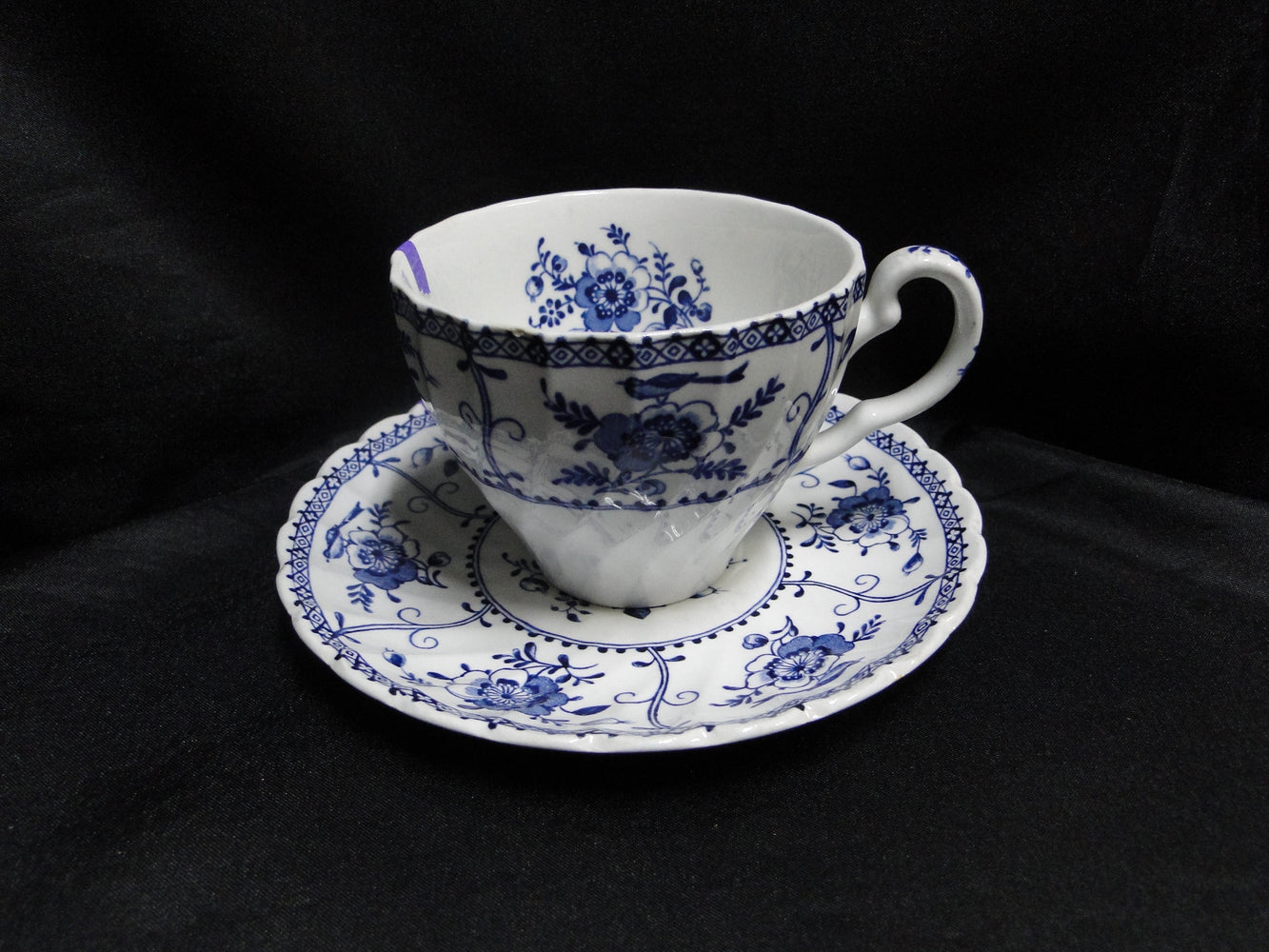 Johnson Brothers Indies, Blue Floral, Swirled: Cup & Saucer Set, 2 3/4", As Is