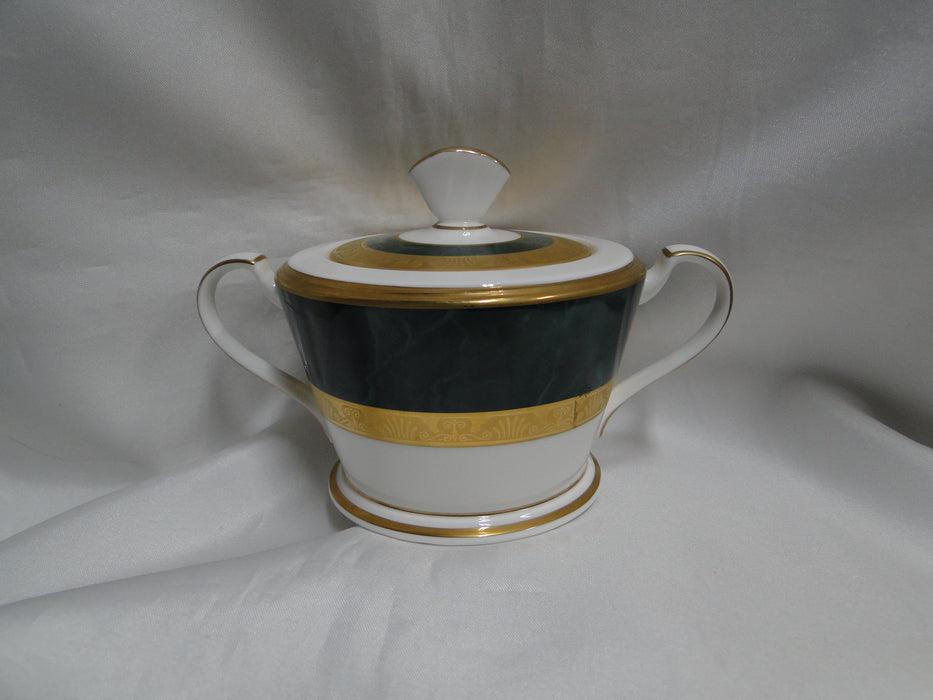 Noritake Fitzgerald, 4712, Green Marble, Gold: Sugar Bowl & Lid, 4" Tall