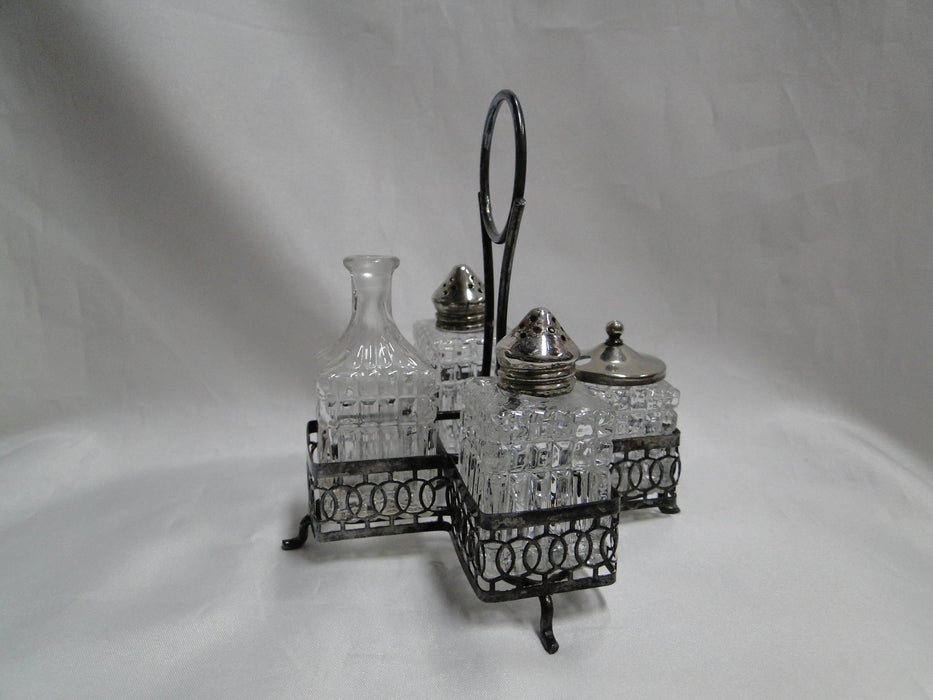 Condiment Set & Metal Holder: Salt, Pepper, Sugar / Jam & Lid, Bottle