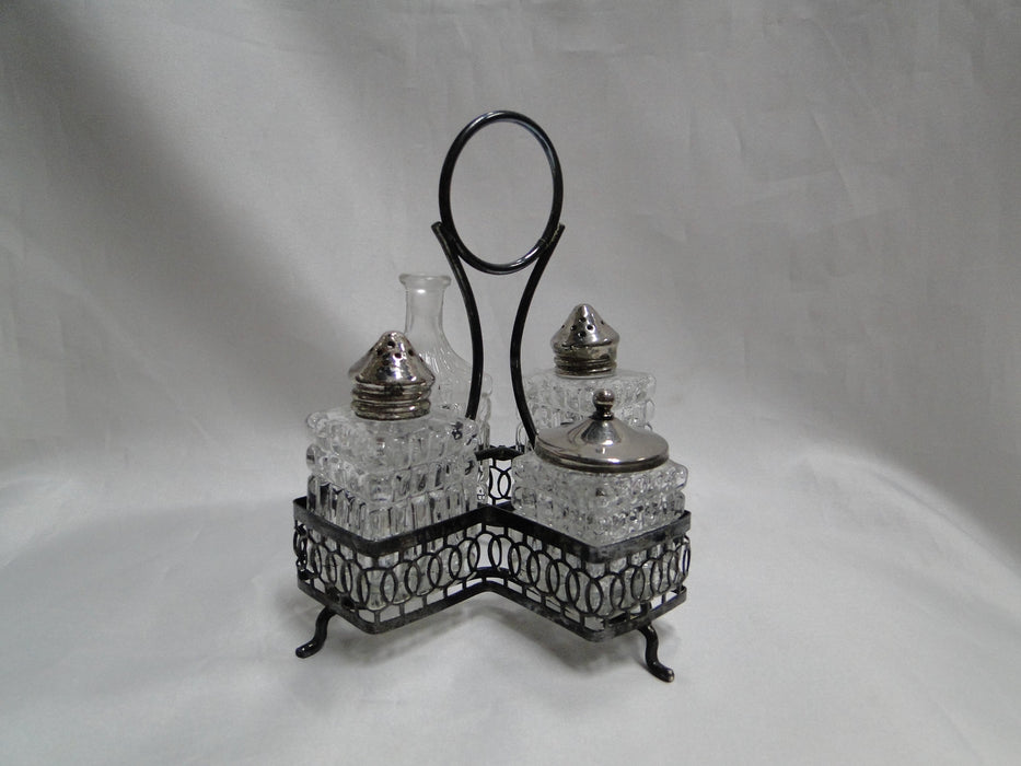 Condiment Set & Metal Holder: Salt, Pepper, Sugar / Jam & Lid, Bottle