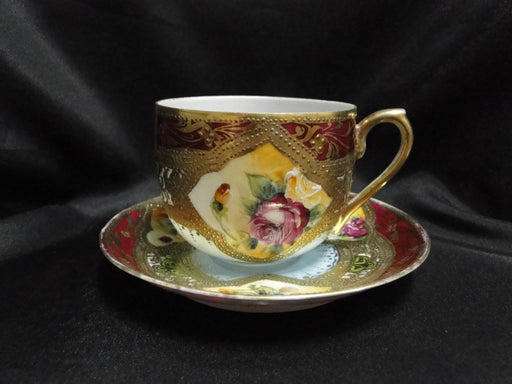 Asian Raised Gold, Burgundy Edge, Roses: Cup & Saucer Set, 2 1/2" Tall