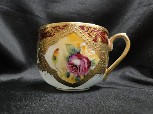 Asian Raised Gold, Burgundy Edge, Roses: Cup & Saucer Set, 2 1/2" Tall