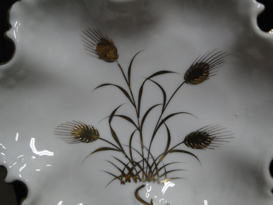 White w/ Golden Wheat, Gold Trim, Scalloped: Leaf Shaped Dish, 7 1/8"