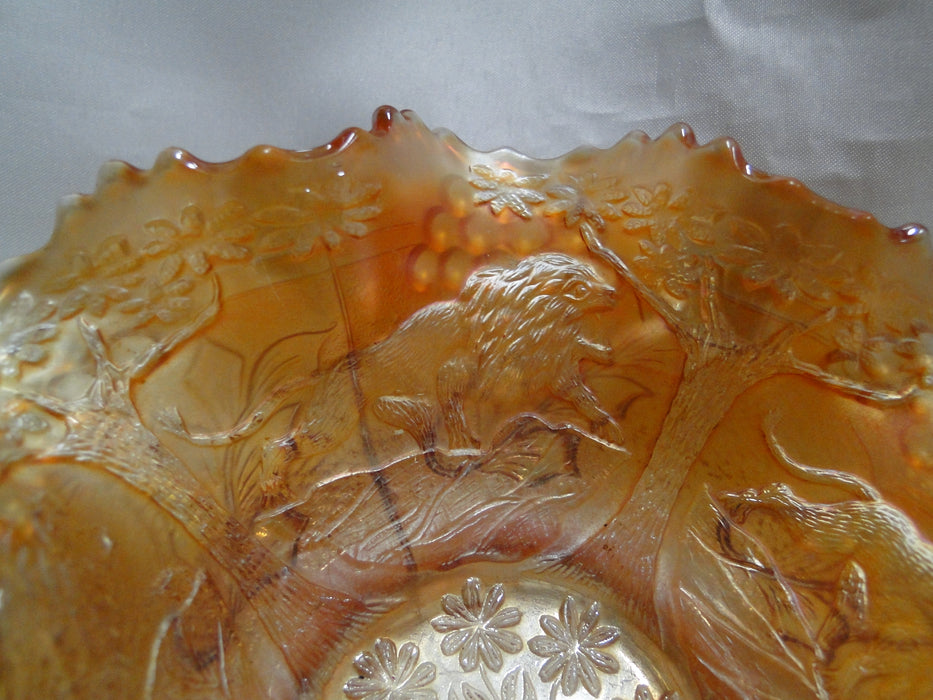 Fenton Marigold Carnival Glass: Crimped Bowl w/ Lions & Berries, 6 3/4" x 2 1/2"