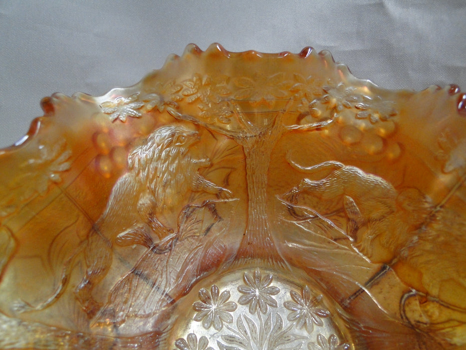 Fenton Marigold Carnival Glass: Crimped Bowl w/ Lions & Berries, 6 3/4" x 2 1/2"