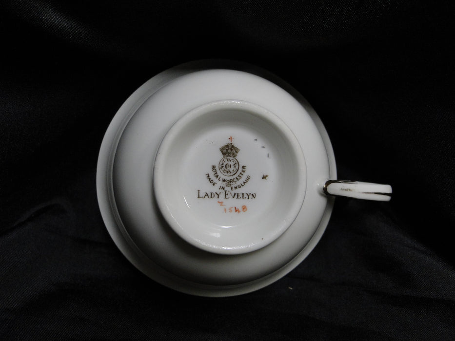 Royal Worcester Lady Evelyn, Scrolls, Florals: Cup & Saucer Set, 2 1/8"