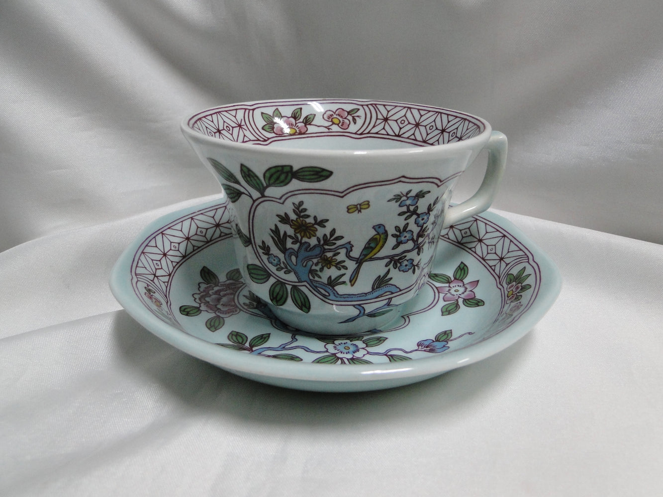 Adams Singapore Bird, Celadon w/ Florals: Cup & Saucer Set (s), 2 5/8"