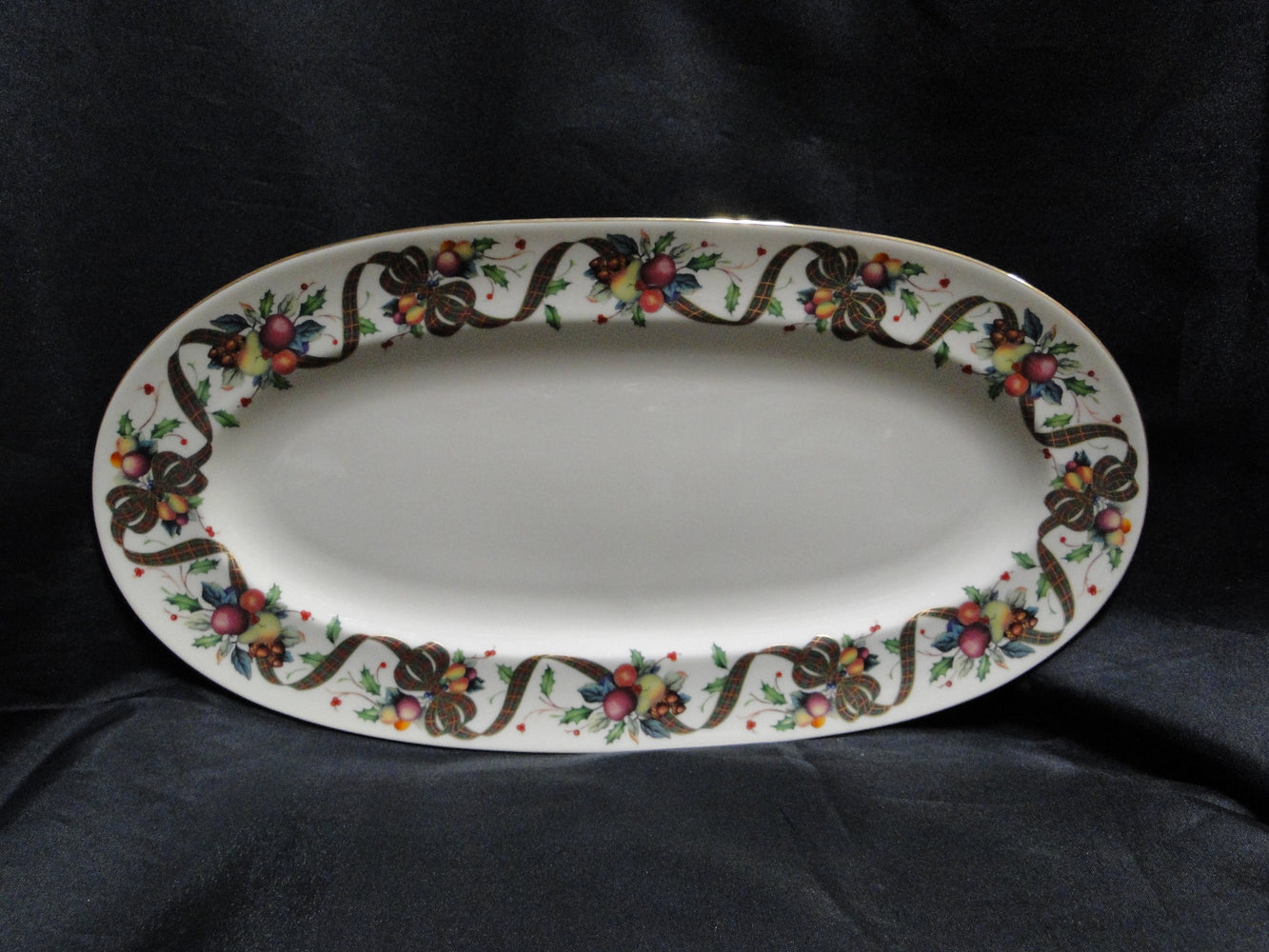 Lenox Holiday Tartan, Fruit, Plaid Ribbon: Oval Sandwich Tray, 14 1/4" x 7 1/4"