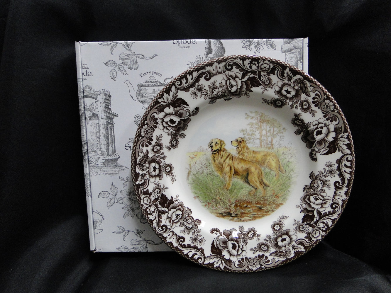 Spode Woodland Golden Retriever Hunting Dog: NEW Dinner Plate, 10 1/2", Box