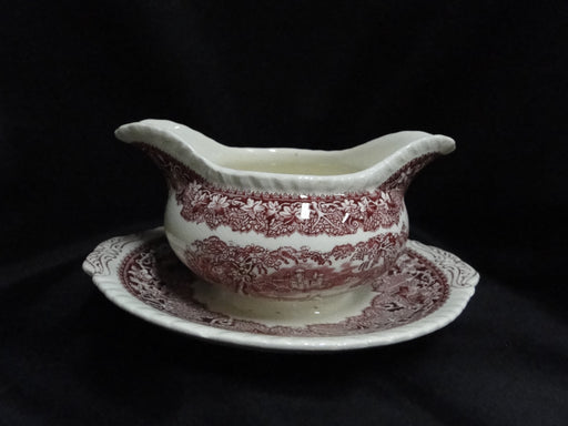 Mason's Vista Pink, Transferware: Round Gravy Boat w/ Att Underplate, Crazing