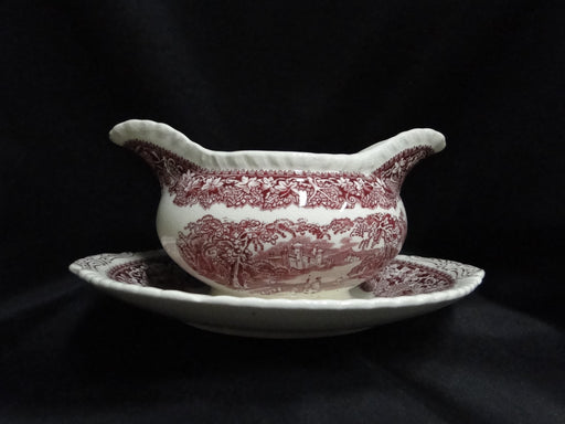 Mason's Vista Pink, Transferware: Round Gravy Boat w/ Att Underplate, Crazing