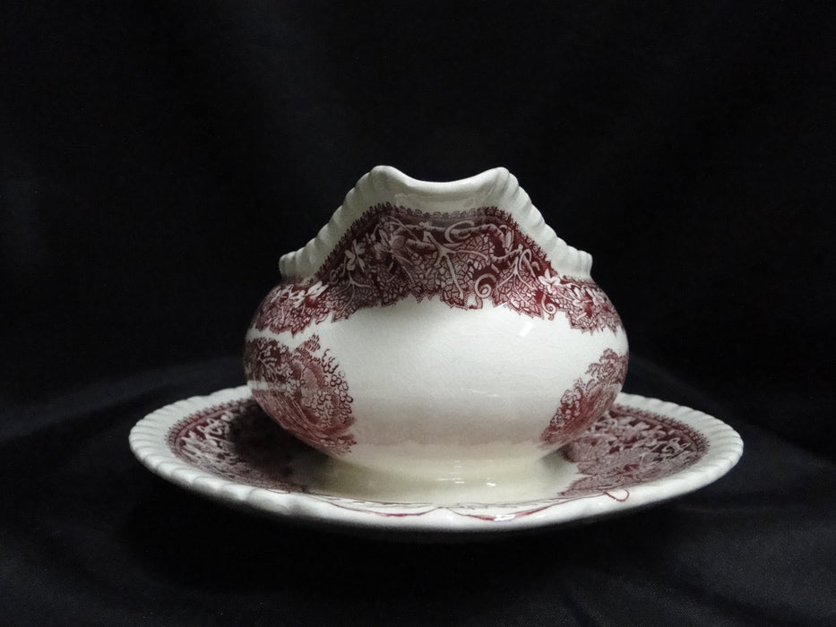 Mason's Vista Pink, Transferware: Round Gravy Boat w/ Att Underplate, Crazing