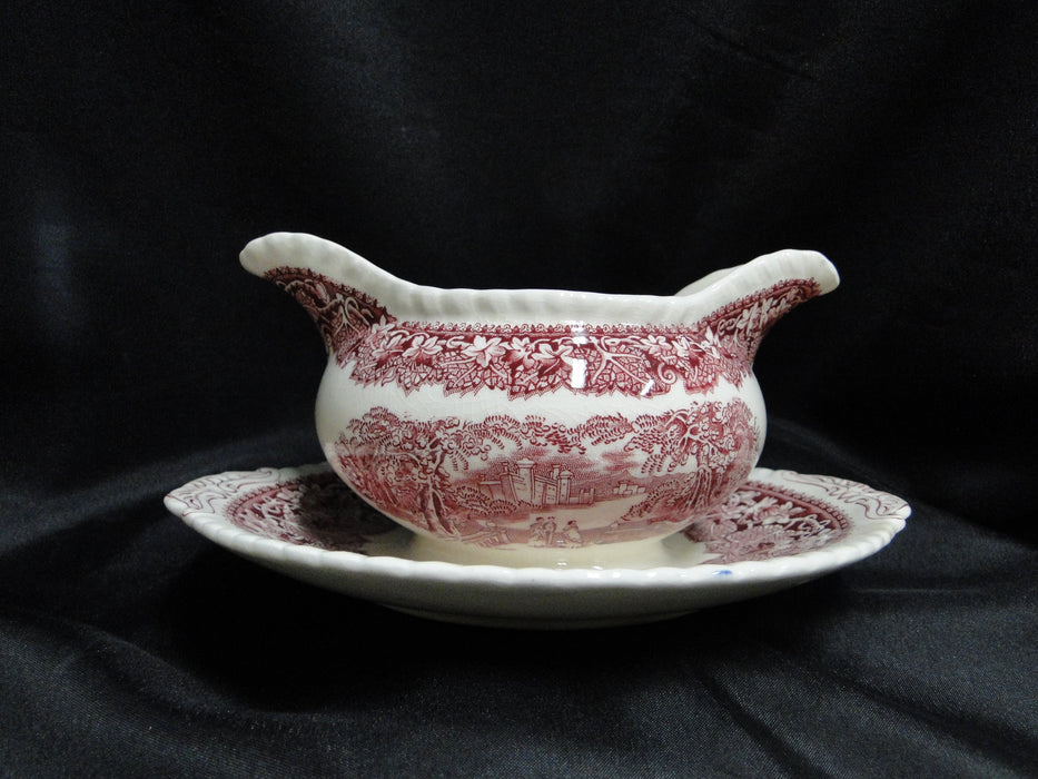 Mason's Vista Pink, Transferware: Round Gravy Boat w/ Att Underplate, Crazing
