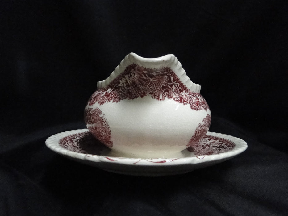 Mason's Vista Pink, Transferware: Round Gravy Boat w/ Att Underplate, Crazing
