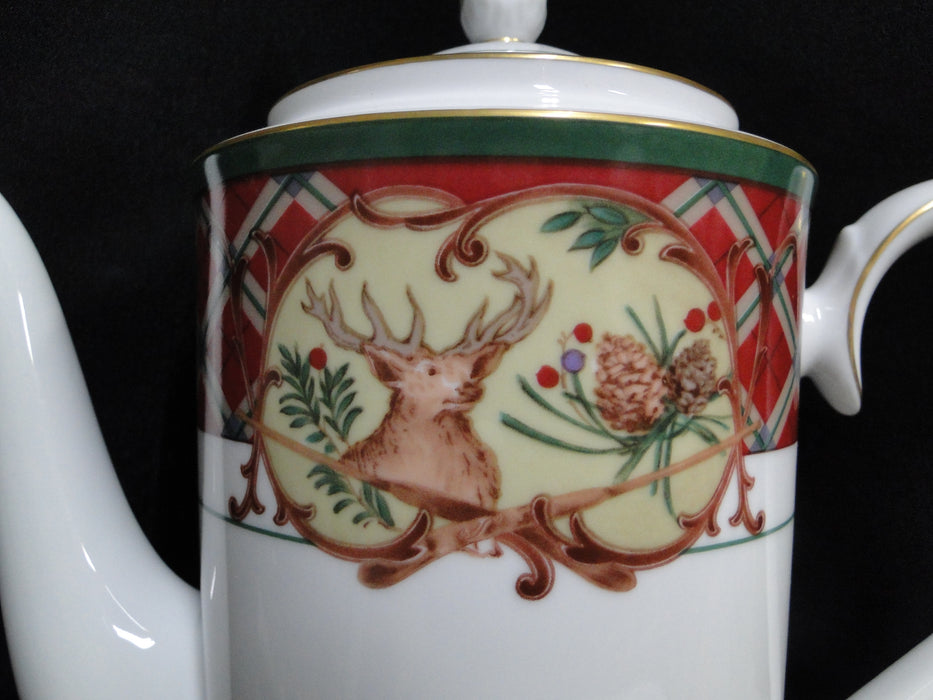 Noritake Royal Hunt, 3930, Plaid, Fruit, Animals: Coffee Pot & Lid, 9 1/4" Tall
