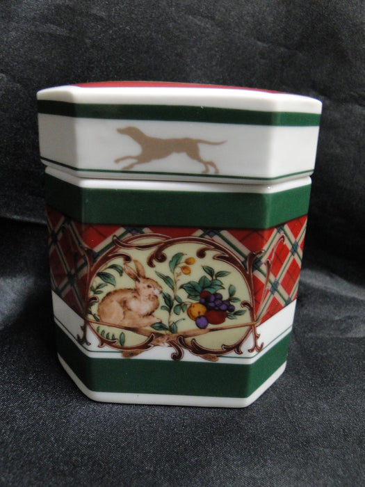 Noritake Royal Hunt, 3930, Plaid, Fruit, Animals: Octagonal Box & Lid, 3 7/8"