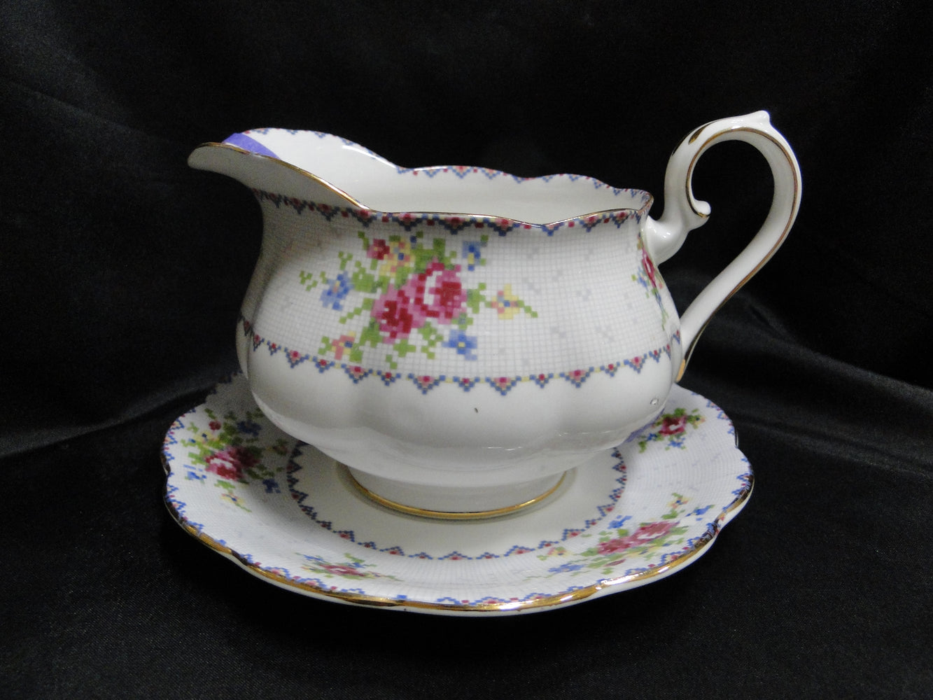 Royal Albert Petit Point, Floral Embroidery: Gravy Boat As Is & Sep Underplate