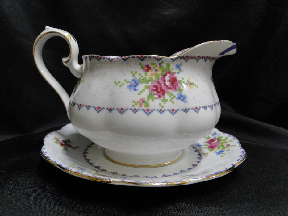 Royal Albert Petit Point, Floral Embroidery: Gravy Boat As Is & Sep Underplate