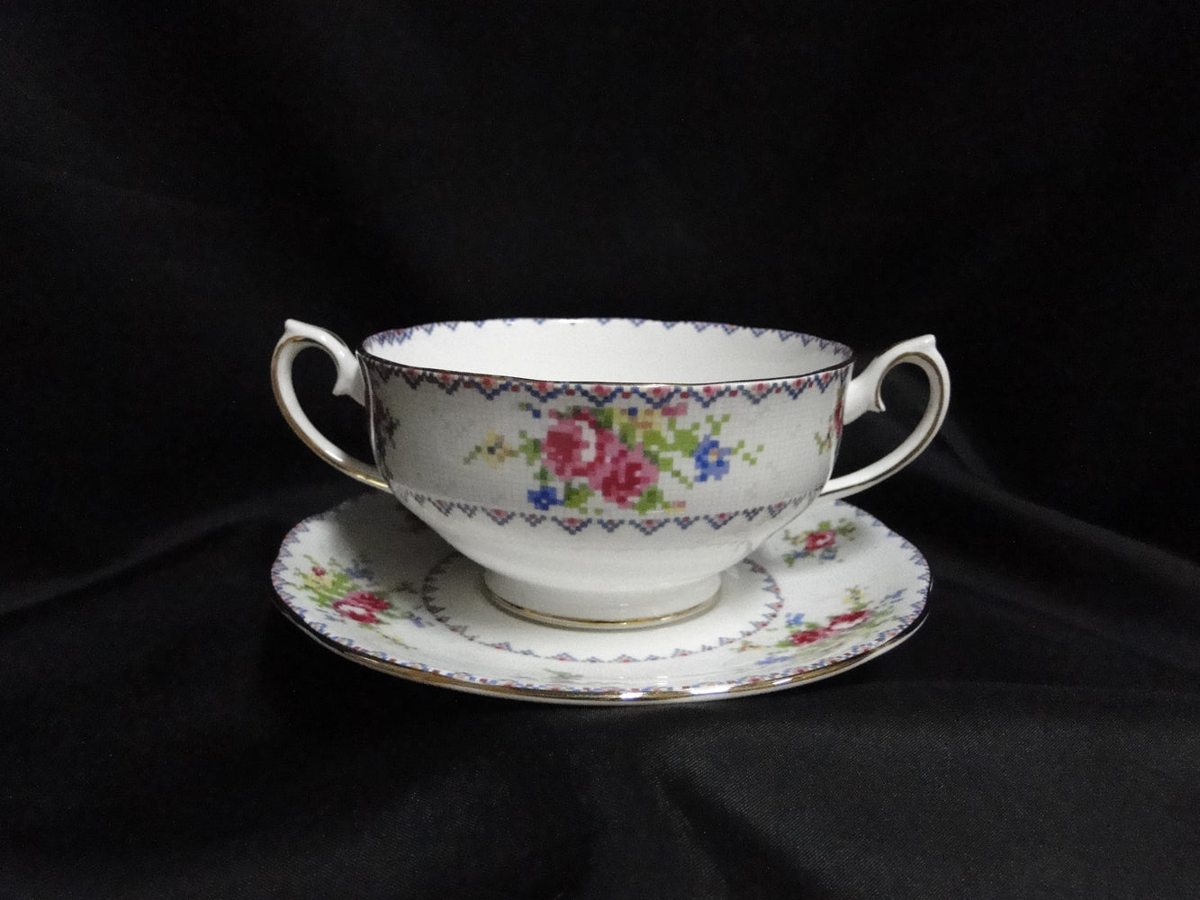 Royal Albert Petit Point, Floral Embroidery: Cream Soup Bowl & Saucer Set