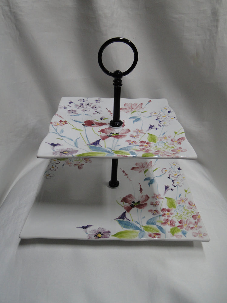 222 Fifth Garden Beauty, Multicolored Florals: 2-Tier Serving Tray, 10 1/2" & 8"