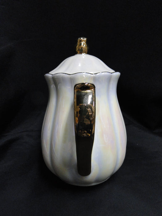 Grace's Teaware Iridescent White w/ Gold Trim, Fluted: Teapot & Lid, 8"