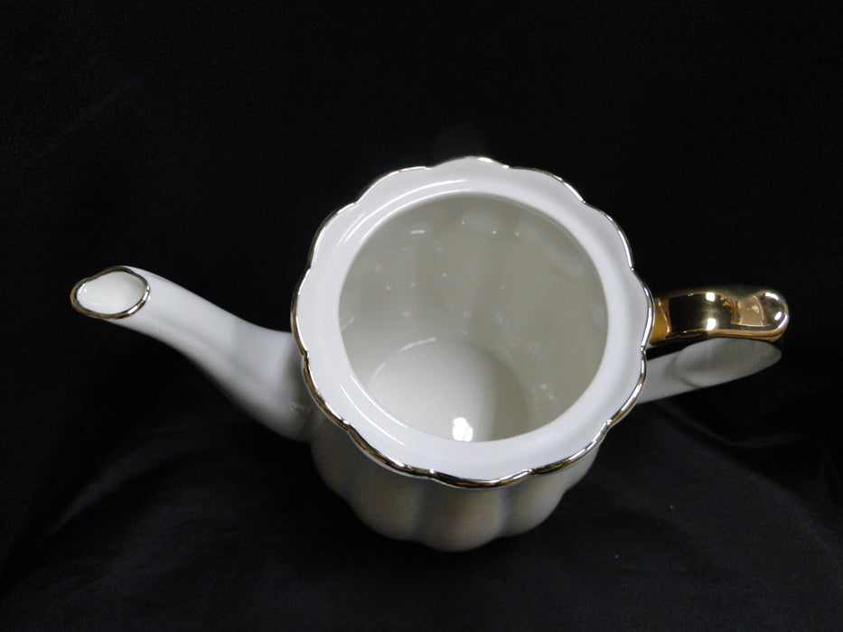 Grace's Teaware Iridescent White w/ Gold Trim, Fluted: Teapot & Lid, 8"