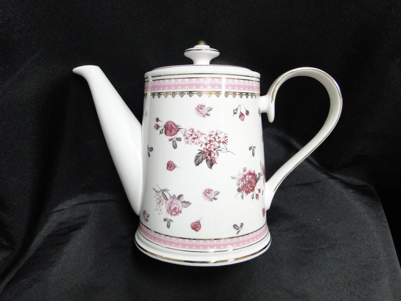Grace's Teaware Pink Roses & Pink Band on White: Teapot & Lid, 7"Tall