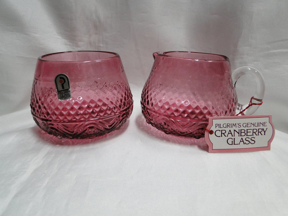 Pilgrim Bennington Cranberry Glass, Embossed: Creamer & Open Sugar Bowl Set