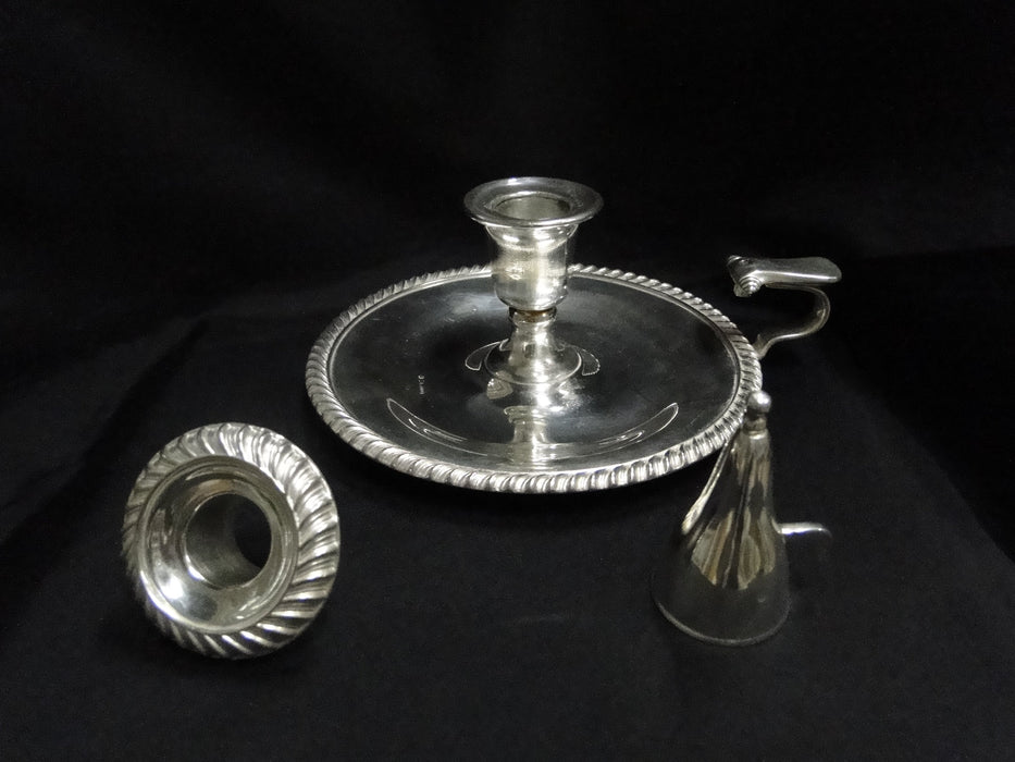 Silverplate w/ Rope Edge: Candlestick Holder w/ Thumb Rest, Hanging Snuffer