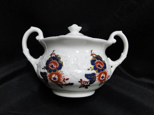 Coalport St Louis, White w/ Blue, Rust, Gold: Sugar Bowl & Lid, 3 3/4" Tall