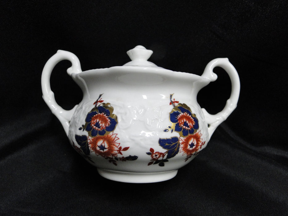 Coalport St Louis, White w/ Blue, Rust, Gold: Sugar Bowl & Lid, 3 3/4" Tall