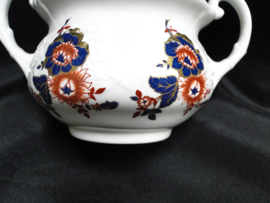 Coalport St Louis, White w/ Blue, Rust, Gold: Sugar Bowl & Lid, 3 3/4" Tall