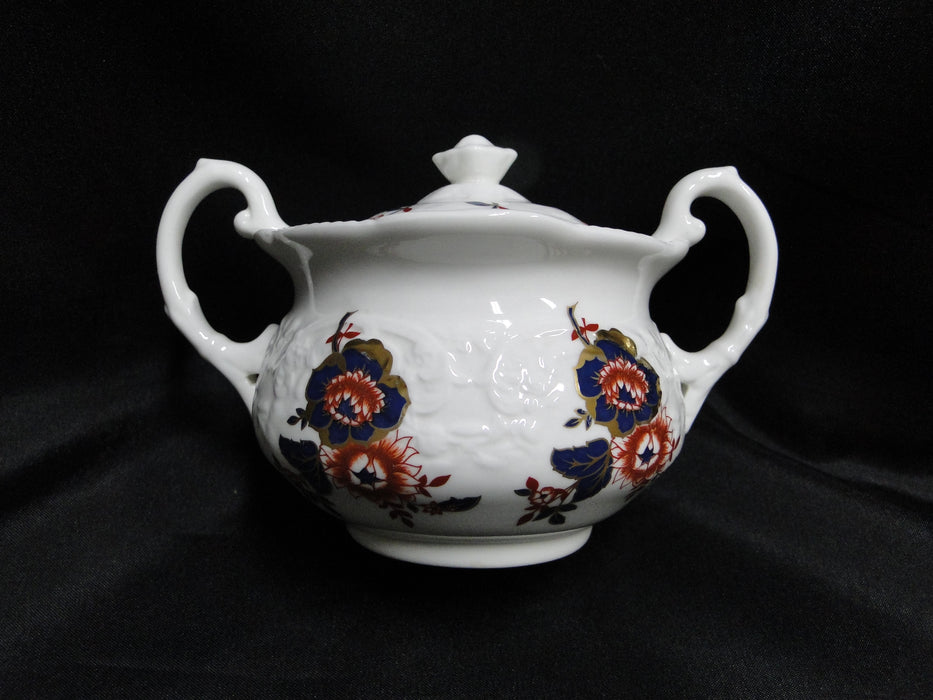 Coalport St Louis, White w/ Blue, Rust, Gold: Sugar Bowl & Lid, 3 3/4" Tall