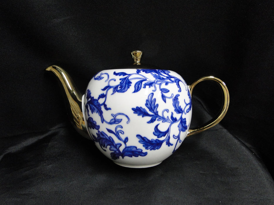 10 Strawberry Street Blue Leaves on White, Gold Spout & Lid: Teapot & Lid 5 3/4"