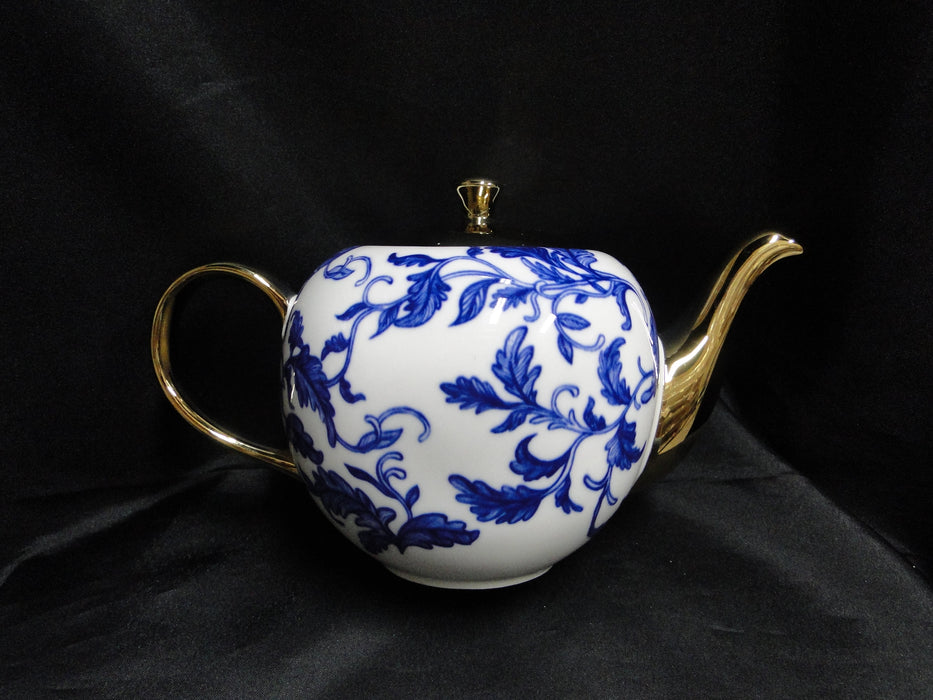 10 Strawberry Street Blue Leaves on White, Gold Spout & Lid: Teapot & Lid 5 3/4"