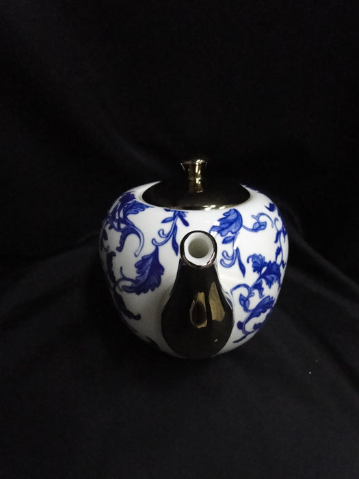 10 Strawberry Street Blue Leaves on White, Gold Spout & Lid: Teapot & Lid 5 3/4"