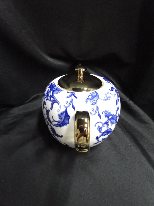 10 Strawberry Street Blue Leaves on White, Gold Spout & Lid: Teapot & Lid 5 3/4"
