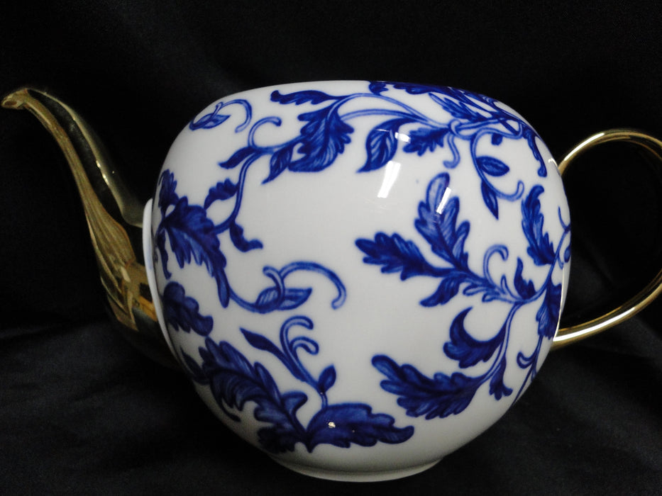 10 Strawberry Street Blue Leaves on White, Gold Spout & Lid: Teapot & Lid 5 3/4"