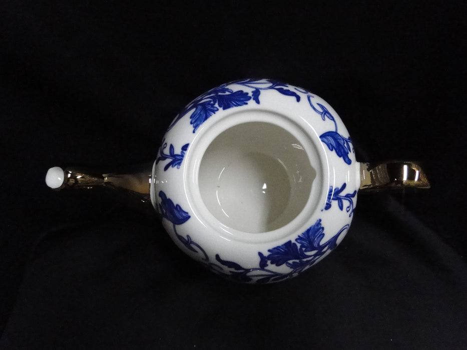 10 Strawberry Street Blue Leaves on White, Gold Spout & Lid: Teapot & Lid 5 3/4"