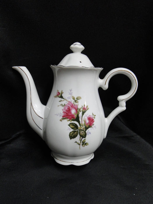 White w/ Pink Moss Rose, Gold Trim: Coffee Pot & Lid, 8 1/4" Tall