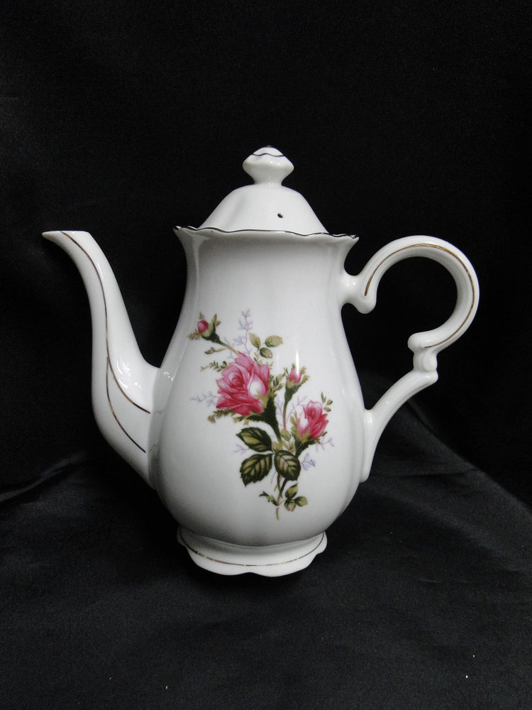 White w/ Pink Moss Rose, Gold Trim: Coffee Pot & Lid, 8 1/4" Tall